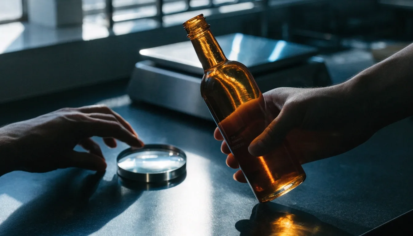 A plain supplement bottle lying label-down on a matte-black table beside a magnifier