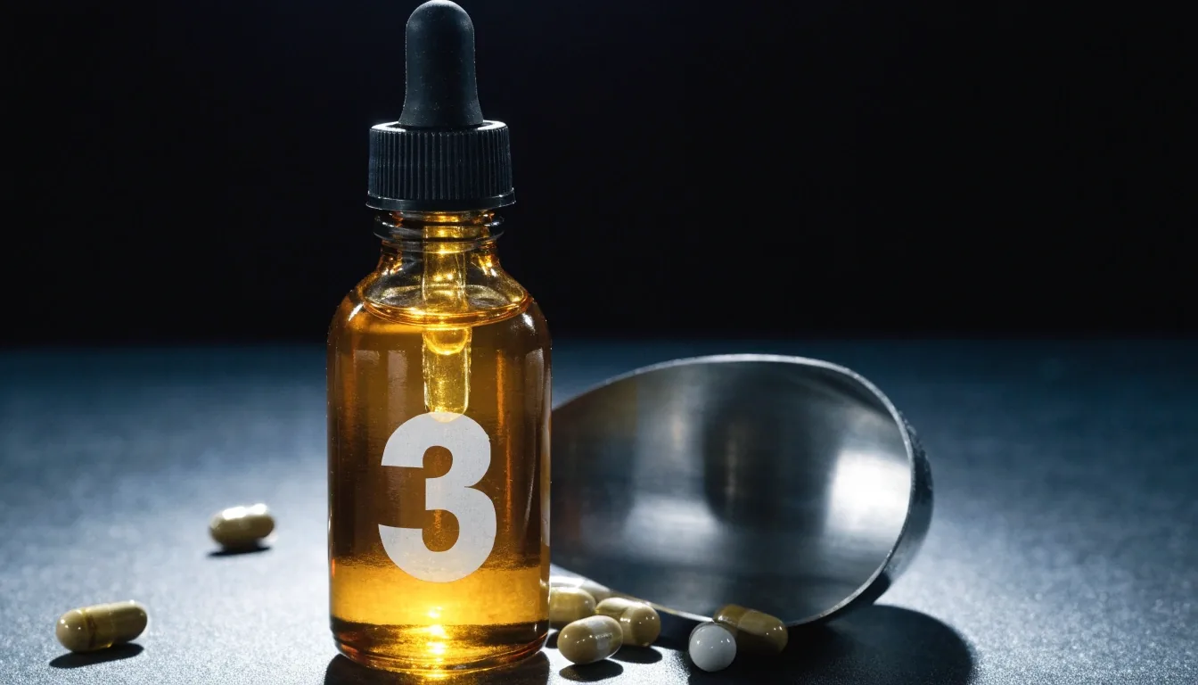 Amber dropper bottle turned edge-on with a steel scoop and loose capsules on a dark surface