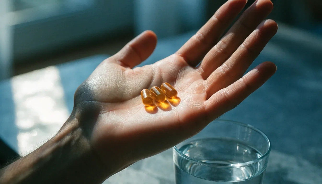 Three amber capsules and a glass of water arranged on a matte-black tabletop under cold morning light.