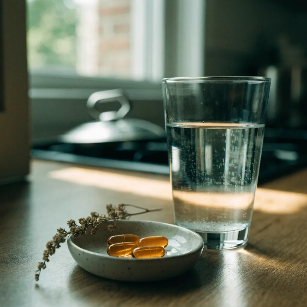 Amber capsules on a matte-black tabletop beside an out-of-focus glass of water in cold morning light
