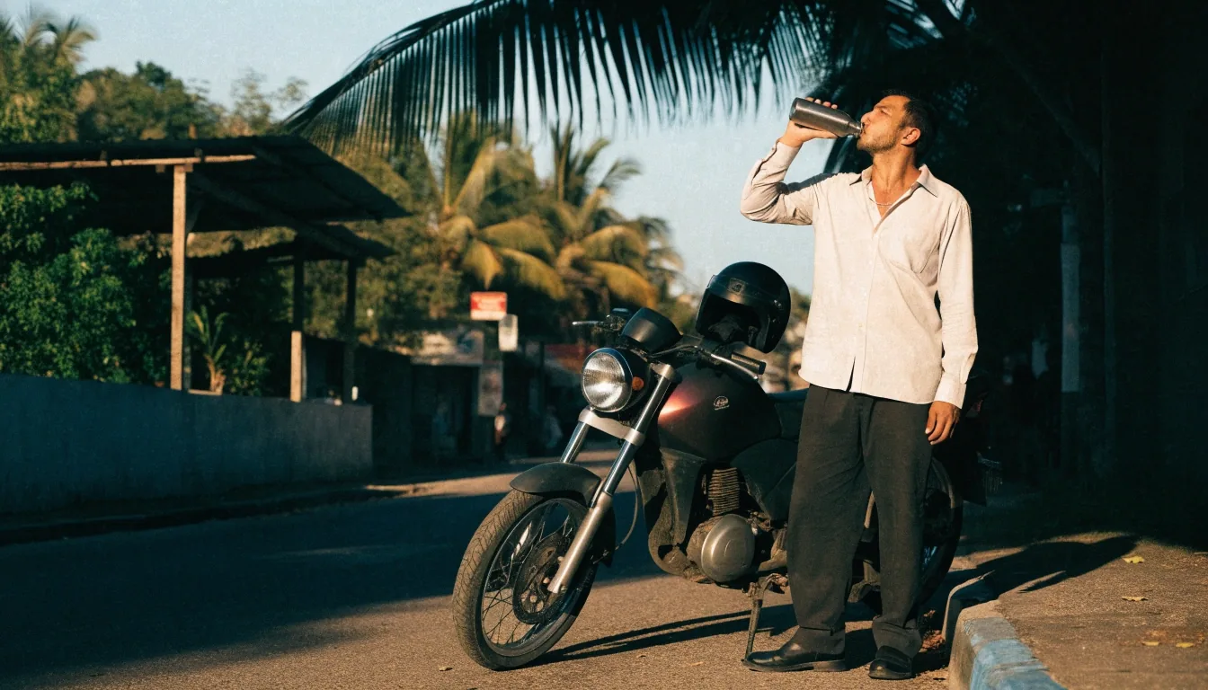 A man drinking water from a steel bottle beside his motorbike in the shade on a hot Bali street