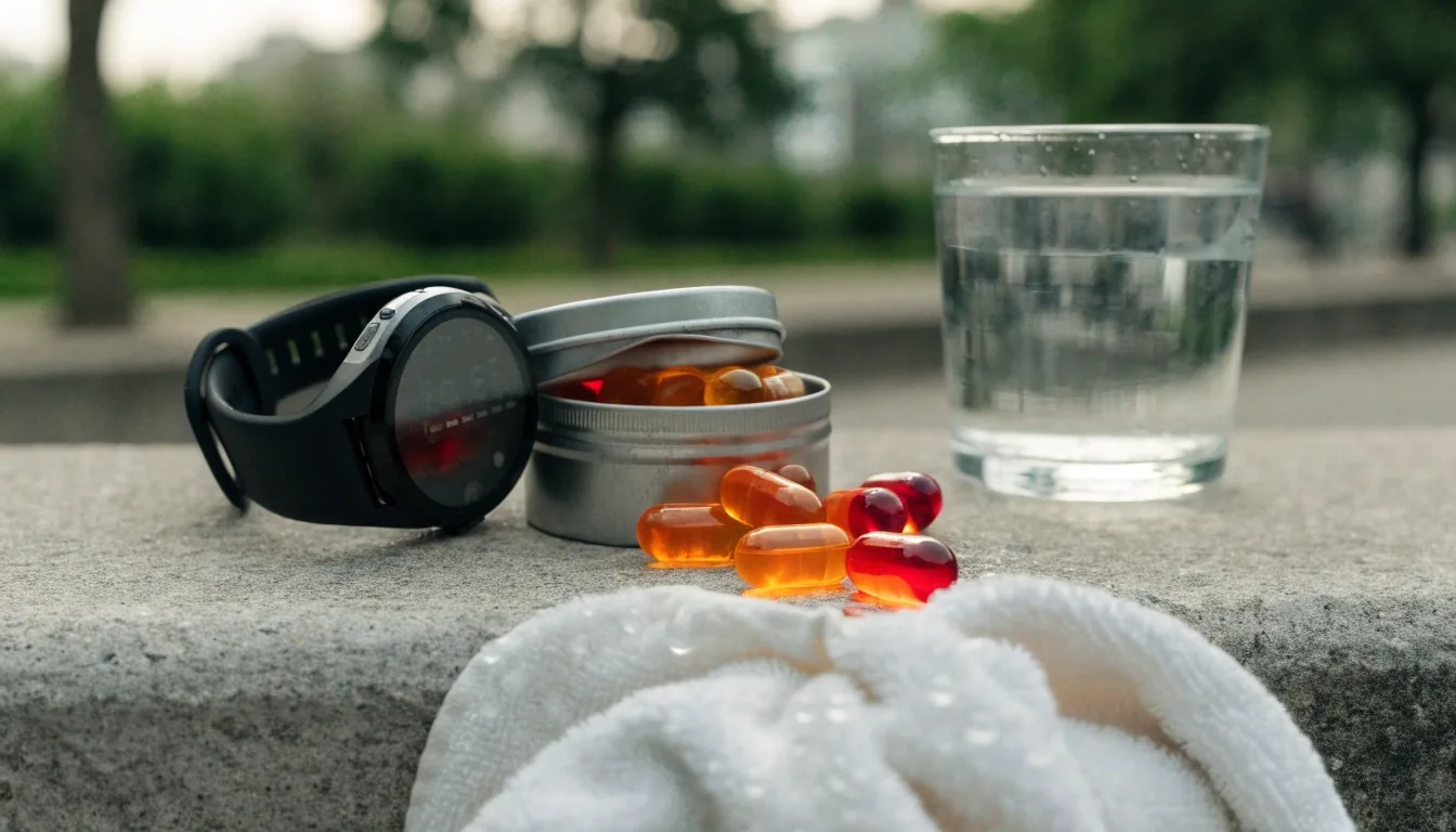 Amber capsules, a steel scoop and a glass of water on a matte-black tabletop in cold morning light