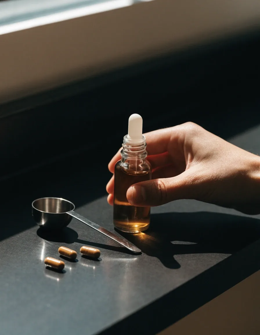An unlabelled amber dropper bottle and loose capsules on a dark surface
