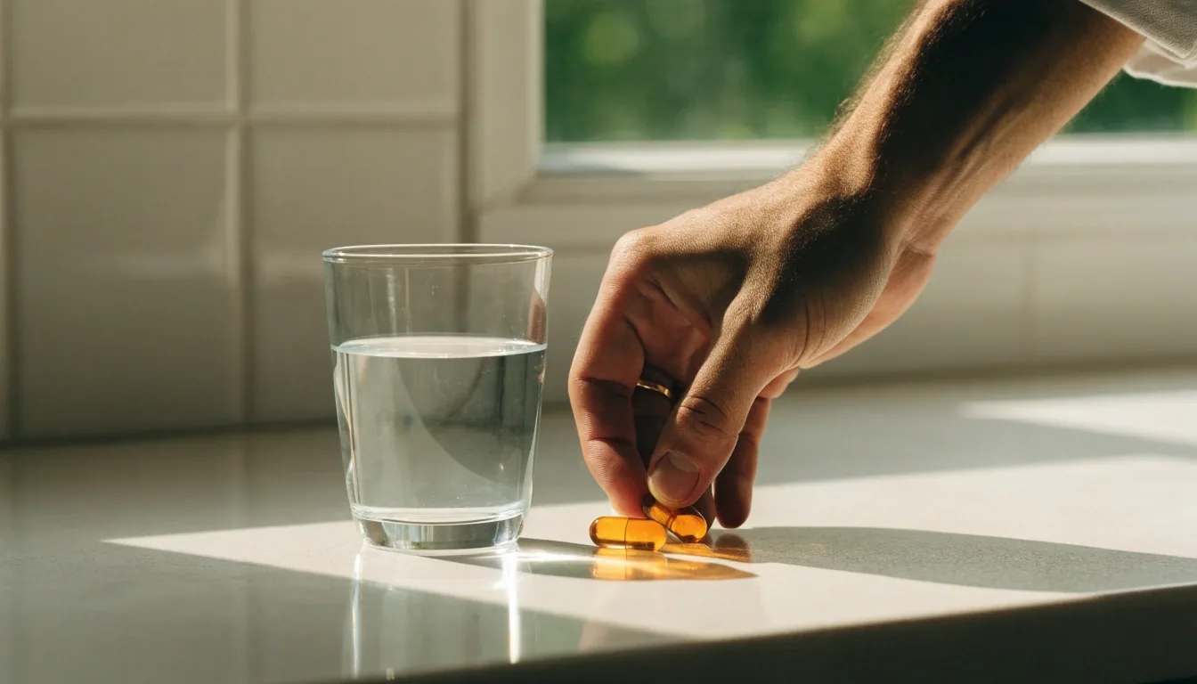 An open hand holding two amber capsules against a plain warm wall