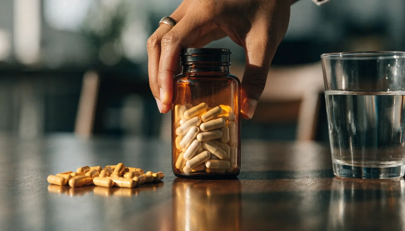 Three amber glass capsules on a dark tabletop beside an out-of-focus glass of water