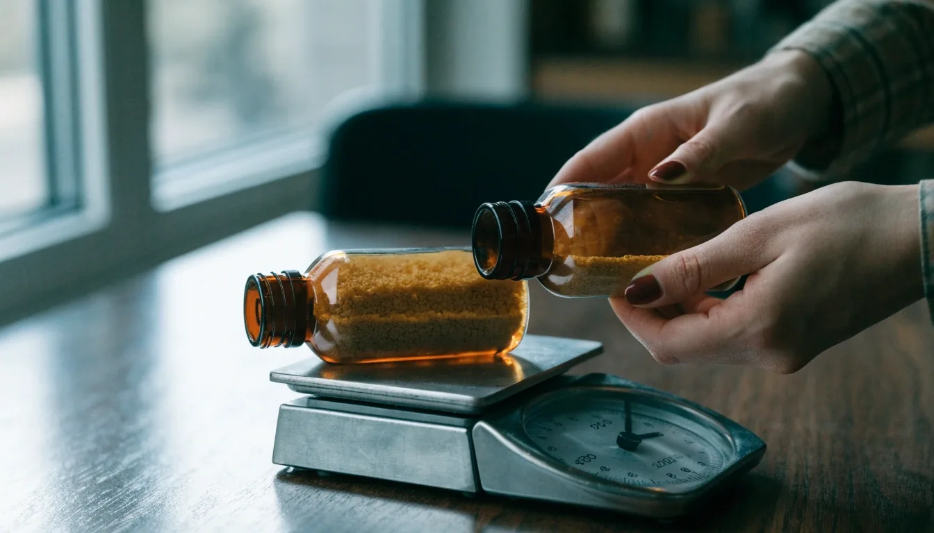 A plain supplement bottle lying flat on a dark table with a magnifier beside it, label turned away
