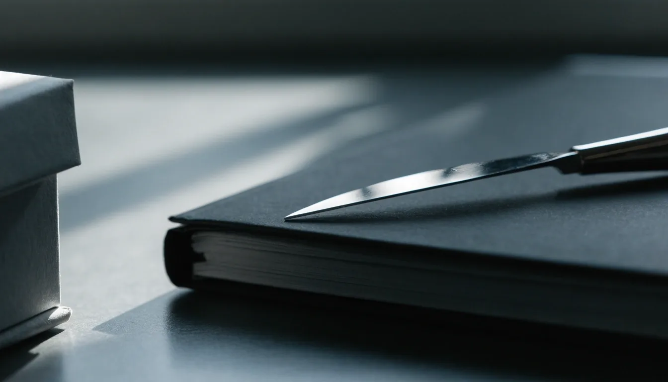 Closed folder, steel letter opener and blank envelopes on a matte-black tabletop under cold daylight